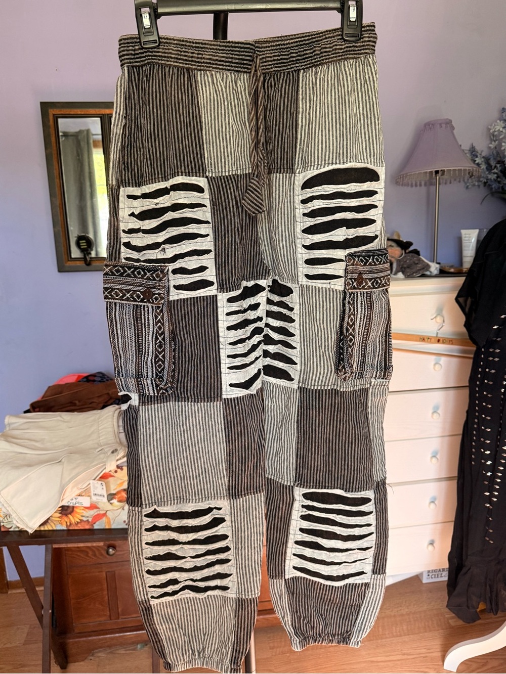 NWOT Boho Patchwork Striped Pants in Black & Cream